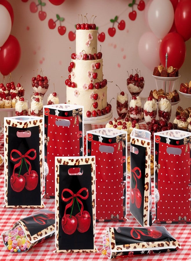 Haooryx Cheetah Cherry Party Favor Bags - 50Pcs Red Cherry Bow Leopard Print Plastic Goodie Candy Treat Bag with Handle Gift Wrap Decoration for Girls Birthday Baby Shower Wedding Party Favor Supplies - Image 4